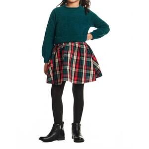 NEW ANDY & EVAN girls chenille plaid flannel twofer dress in green plaid